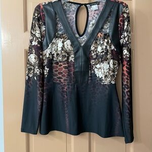 VENUS Floral Long Sleeve Blouse with faux leather accent